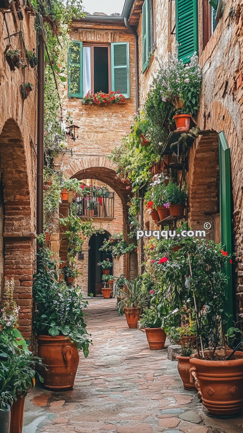 Narrow brick alleyway with arches, lined with potted plants and flowers, and green shuttered windows above.