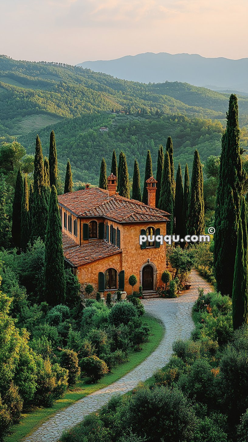 A rustic two-story villa with terracotta roof and stone walls is surrounded by lush greenery and tall cypress trees, set against a backdrop of rolling hills and mountains. Stone pathway leads to the entrance.