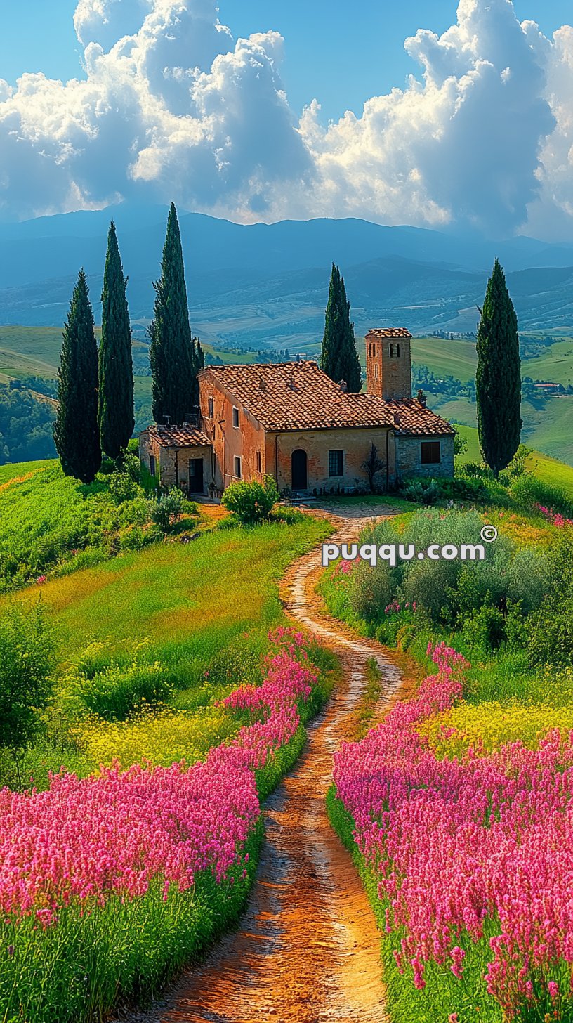 Countryside house with a dirt path lined with pink flowers, surrounded by green hills and tall cypress trees under a blue sky with fluffy clouds.