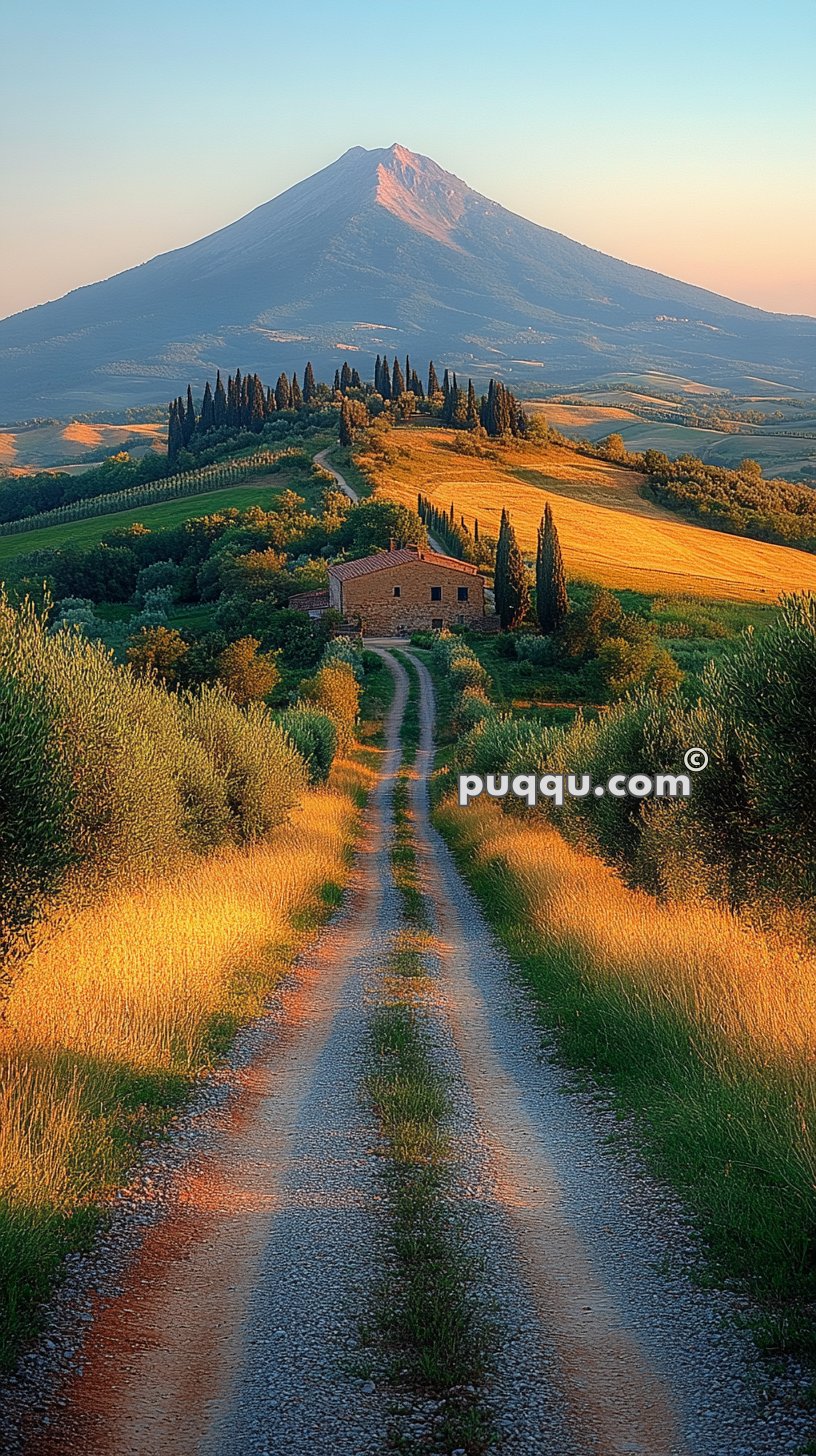 Path leading to a rustic house surrounded by trees and fields with a mountain in the background.