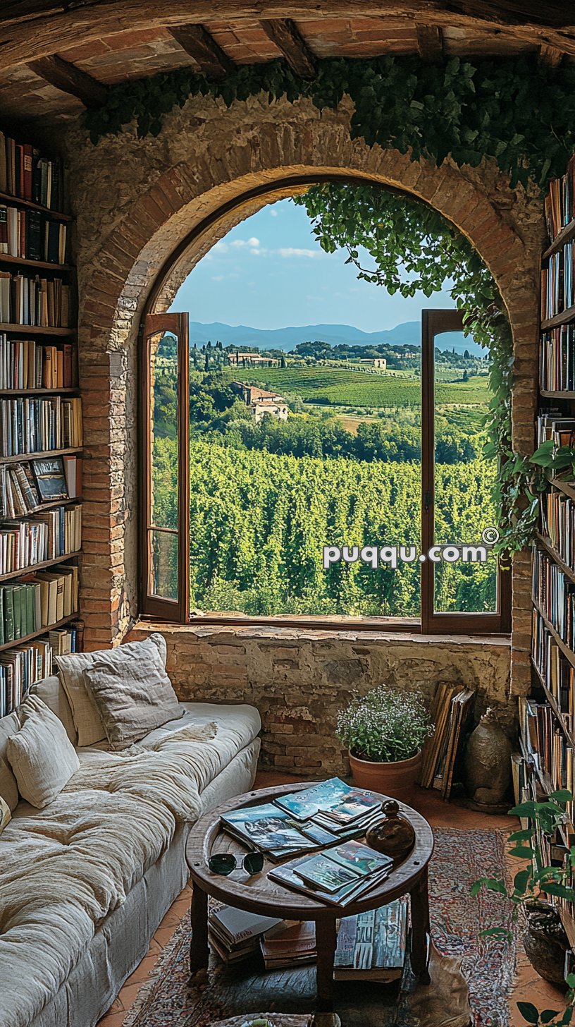 Cozy reading nook with a cushioned sofa, surrounded by bookshelves and an open arched window offering a scenic view of lush green landscape and distant hills.