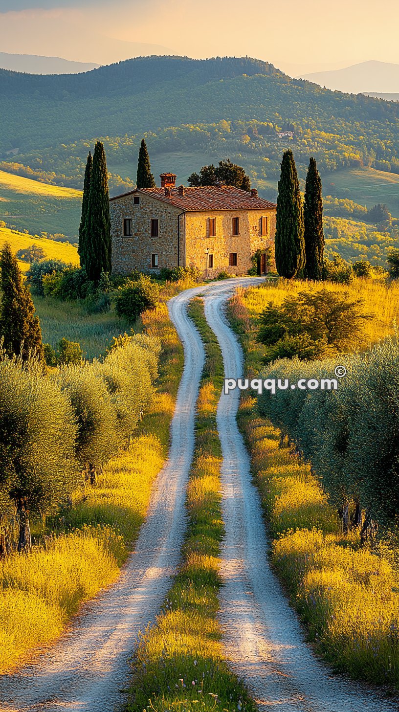 A winding dirt road leads to a rustic stone farmhouse surrounded by lush greenery and tall cypress trees with rolling hills in the background.