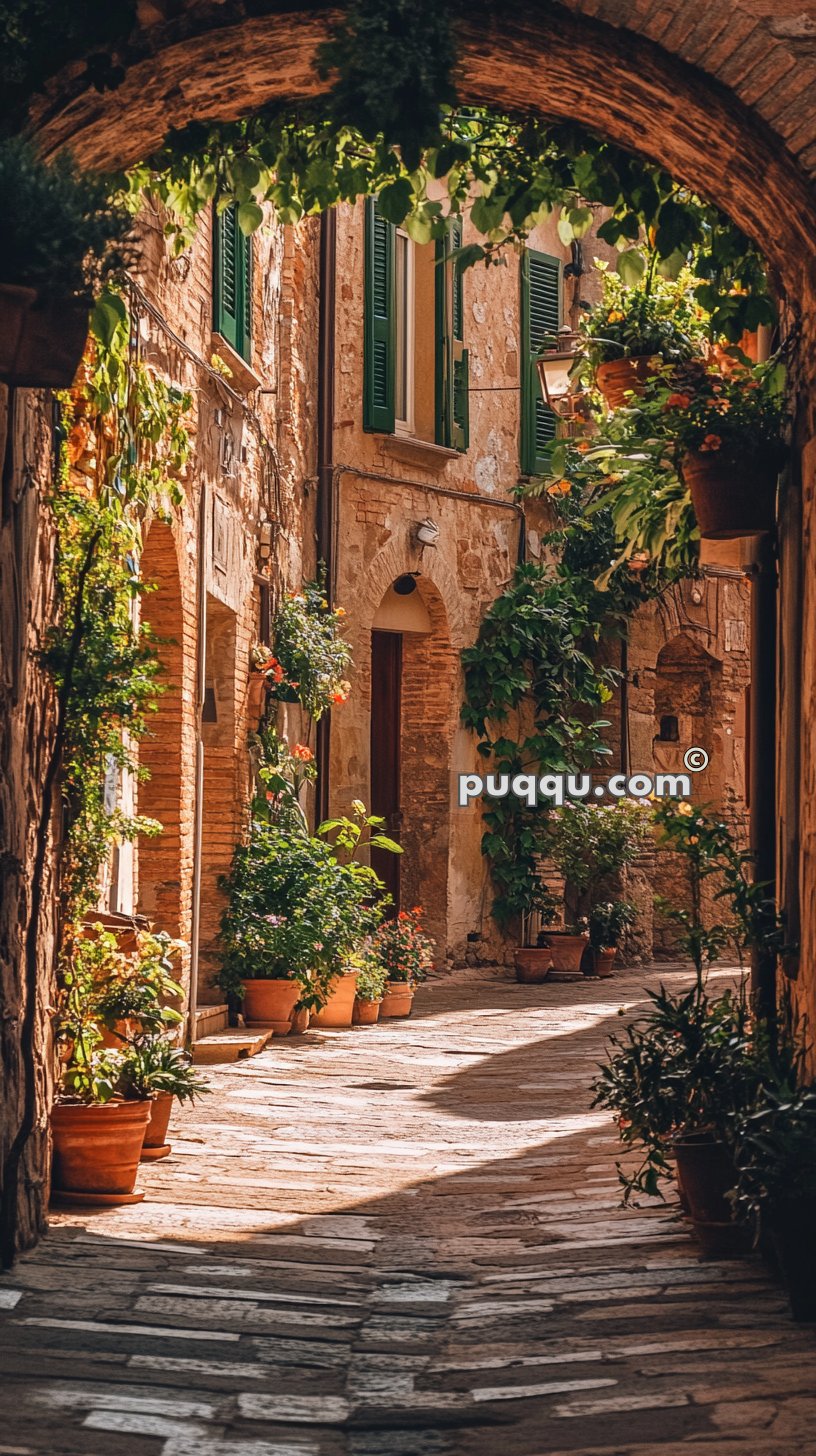 Narrow cobblestone alleyway lined with potted plants and ivy-covered stone buildings, archway overhead.