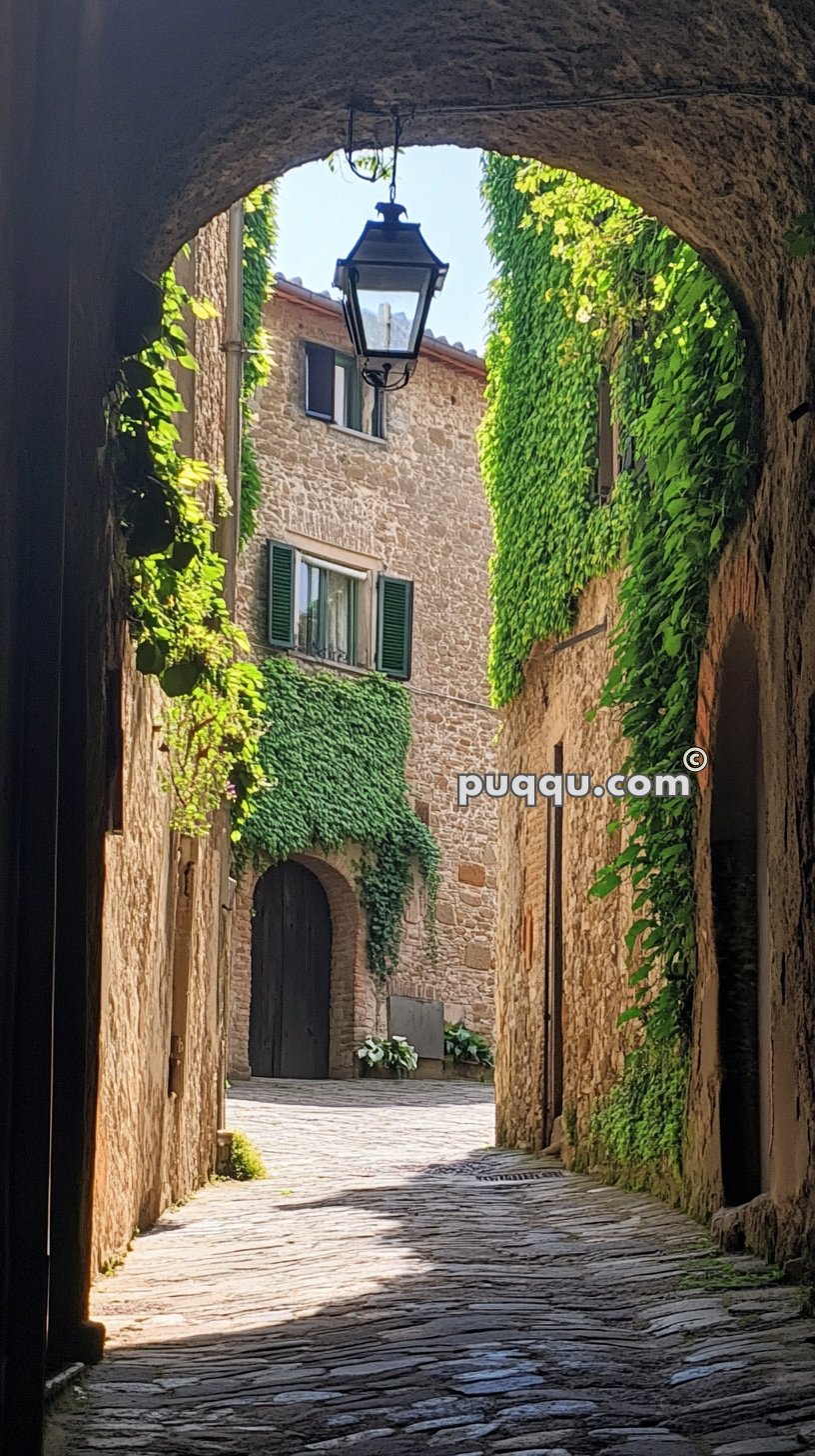 Narrow cobblestone alleyway framed by an archway with ivy-covered stone buildings and a hanging lantern.