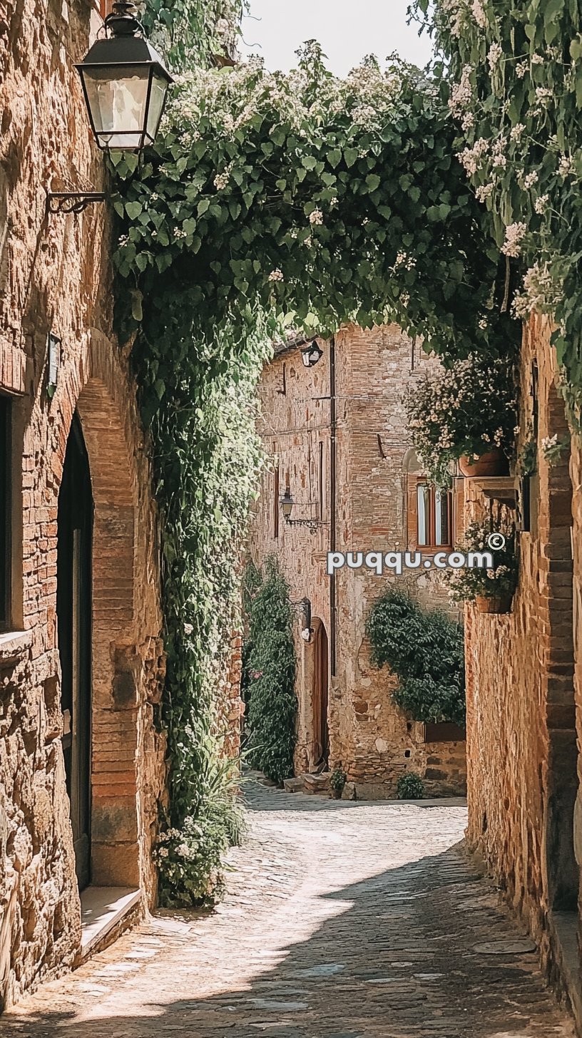 Narrow stone-paved alleyway with arched brick walls covered in green foliage and flowering plants in a quaint, old European village.