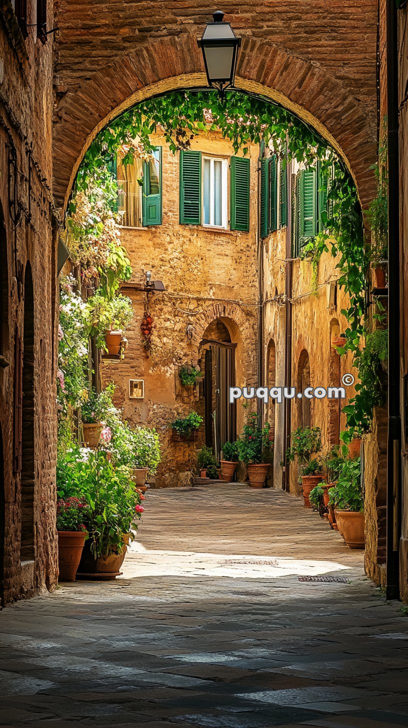 Narrow cobblestone alley with potted plants and greenery, leading through an arched stone passageway to rustic yellow buildings with green shutters.