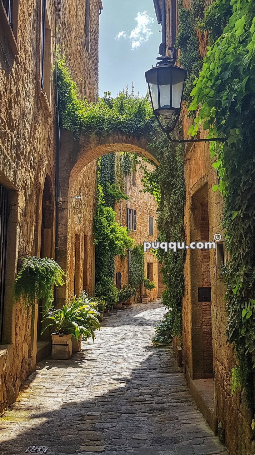 A narrow cobblestone alleyway with stone buildings covered in green ivy, leading through an arched doorway and adorned with potted plants and a hanging lantern.