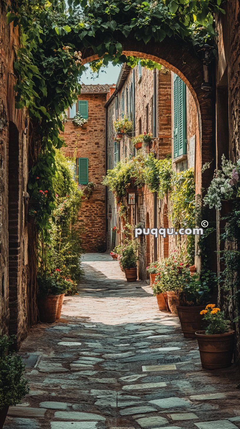 Narrow stone alleyway in a charming European village, with potted plants and flowers lining the walkway and greenery arching overhead.