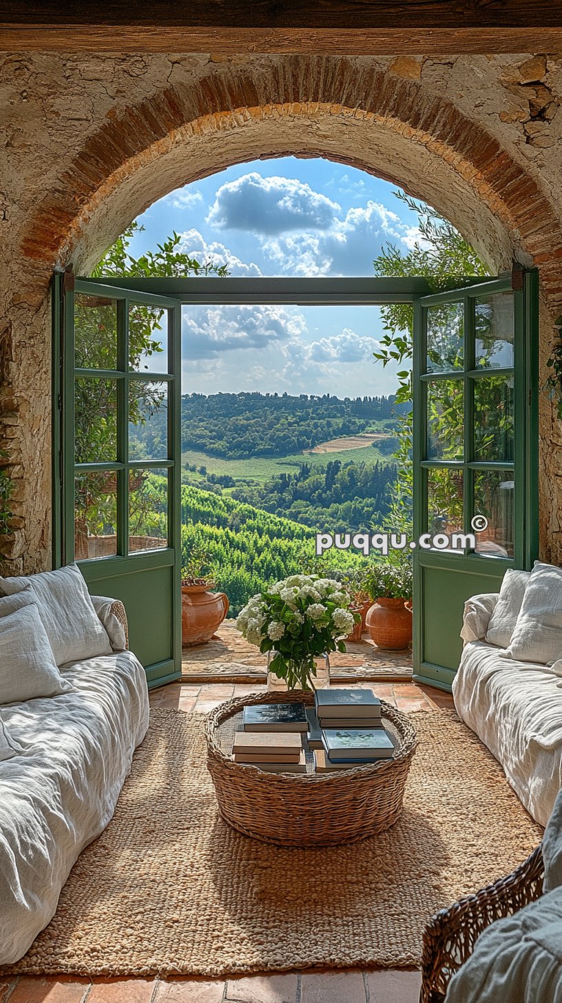 Cozy room with rustic stone walls and arched doorway, featuring a wicker coffee table with books and flowers, two cushioned sofas, and a view of lush green hills and blue sky through open double doors.