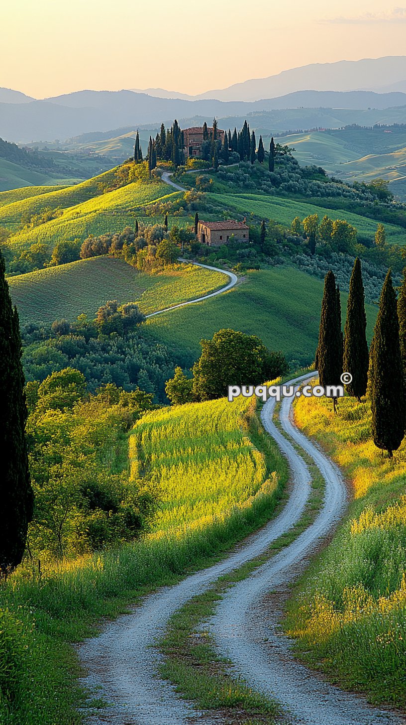 Winding path through lush green hills with cypress trees leading to a hilltop villa at sunset.