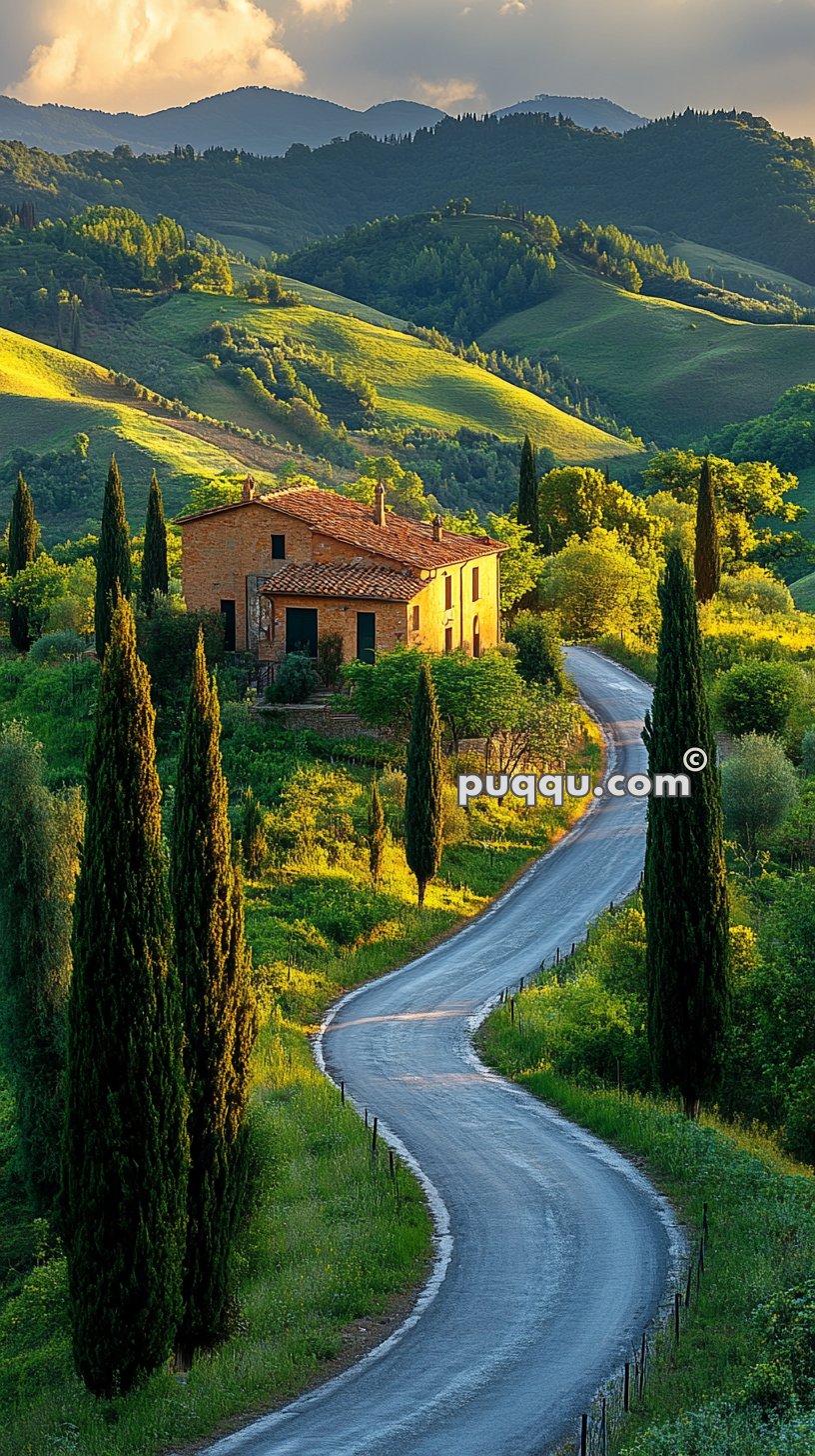 Winding road leading to a rustic house, surrounded by lush green hills and tall cypress trees under a cloudy sky.