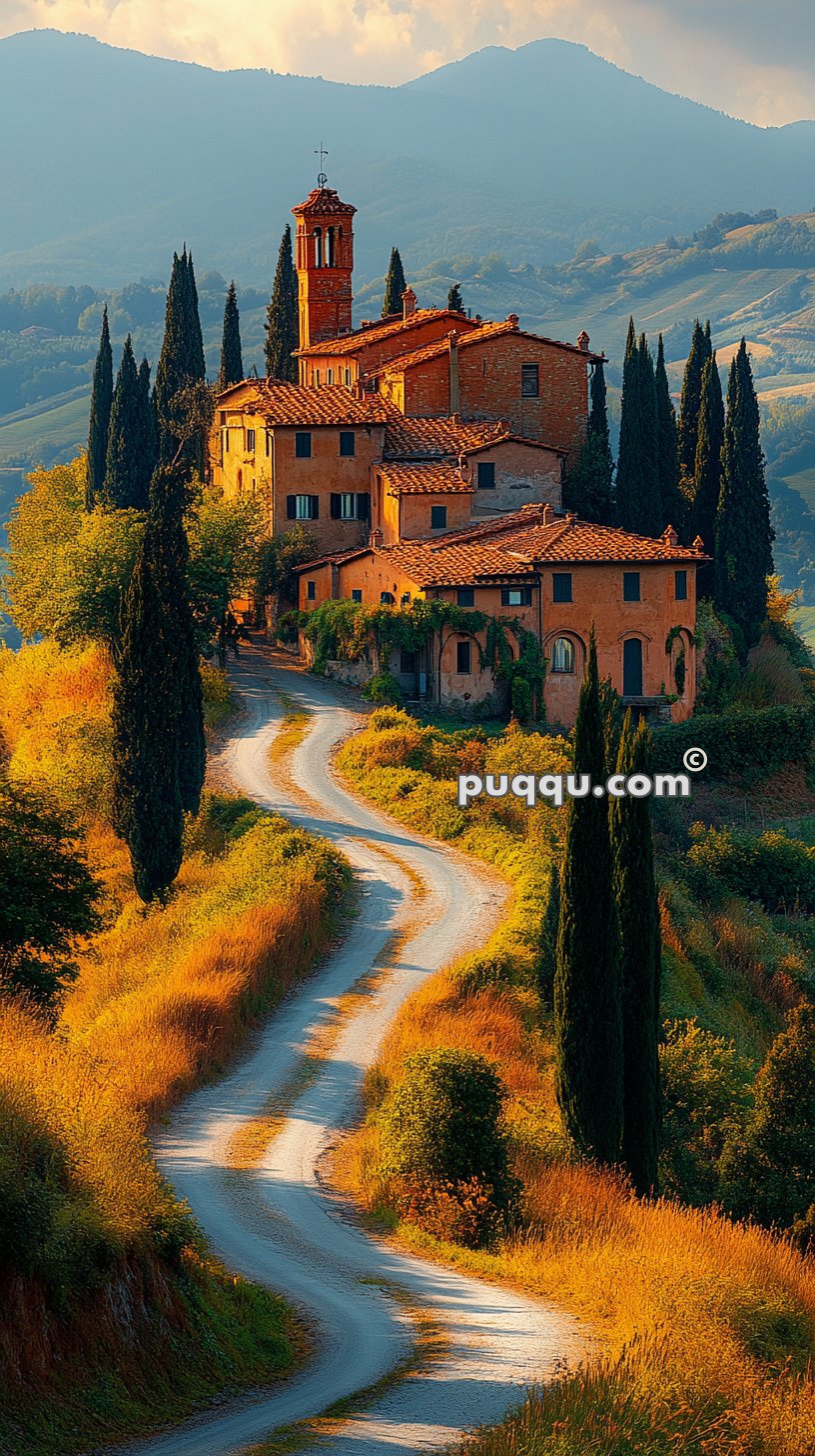 A winding dirt road leading to a villa with terracotta roofs surrounded by tall cypress trees and picturesque rolling hills in the background.