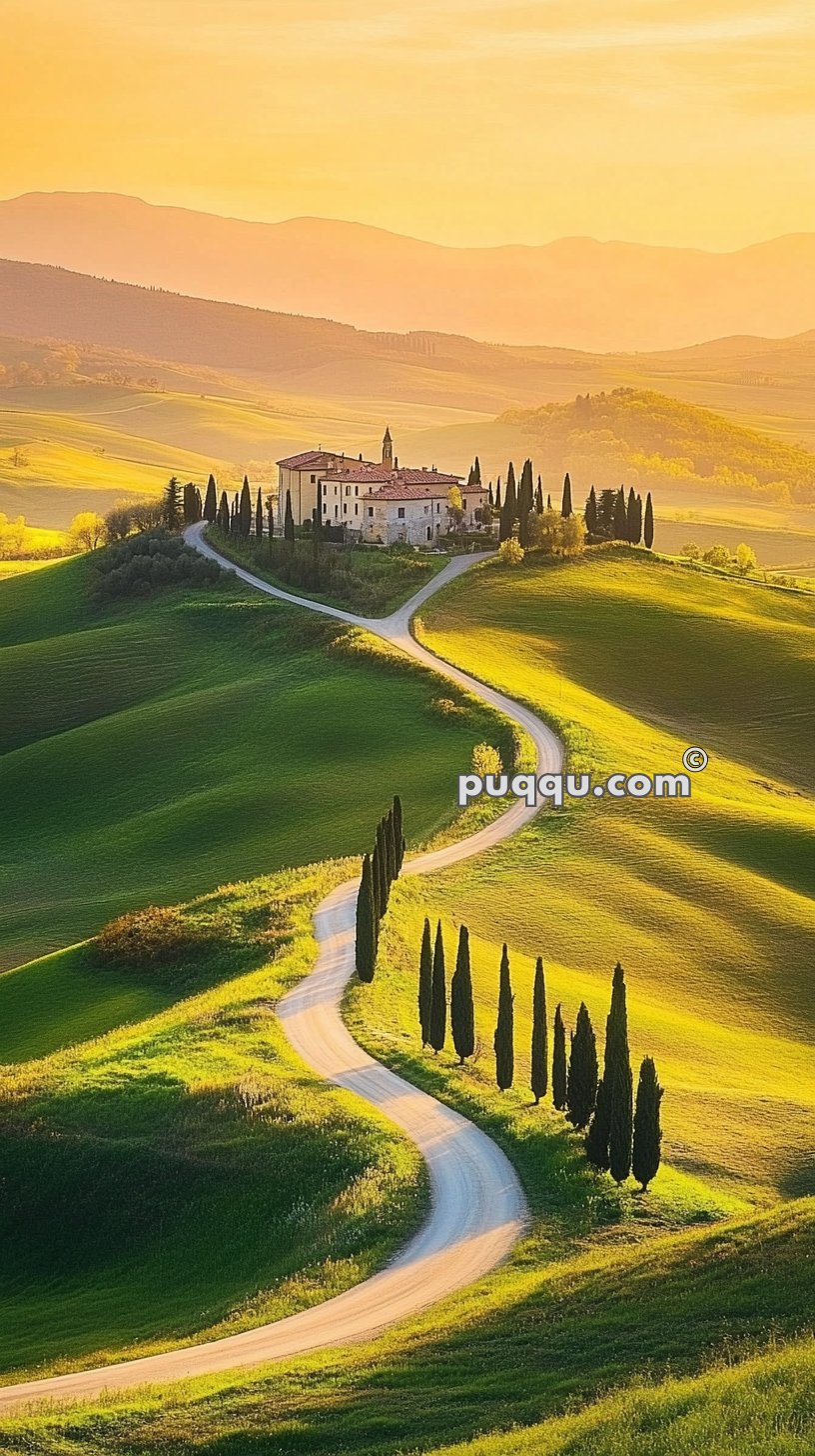 A scenic landscape featuring a winding road lined with tall cypress trees leading to a distant villa surrounded by rolling green hills under a golden sunset sky.