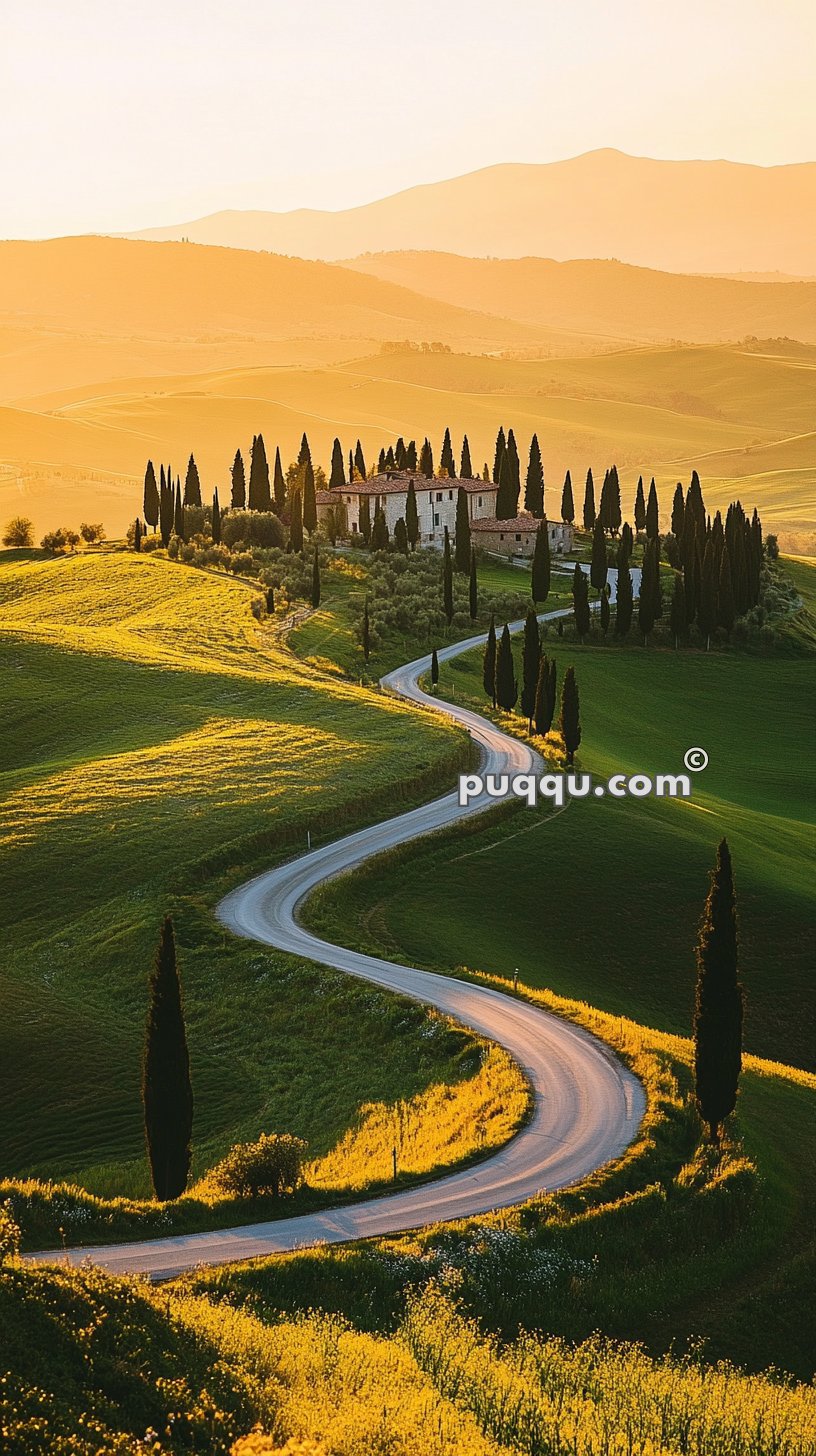 Winding road leading to a villa surrounded by cypress trees and green hills during sunset in the countryside.