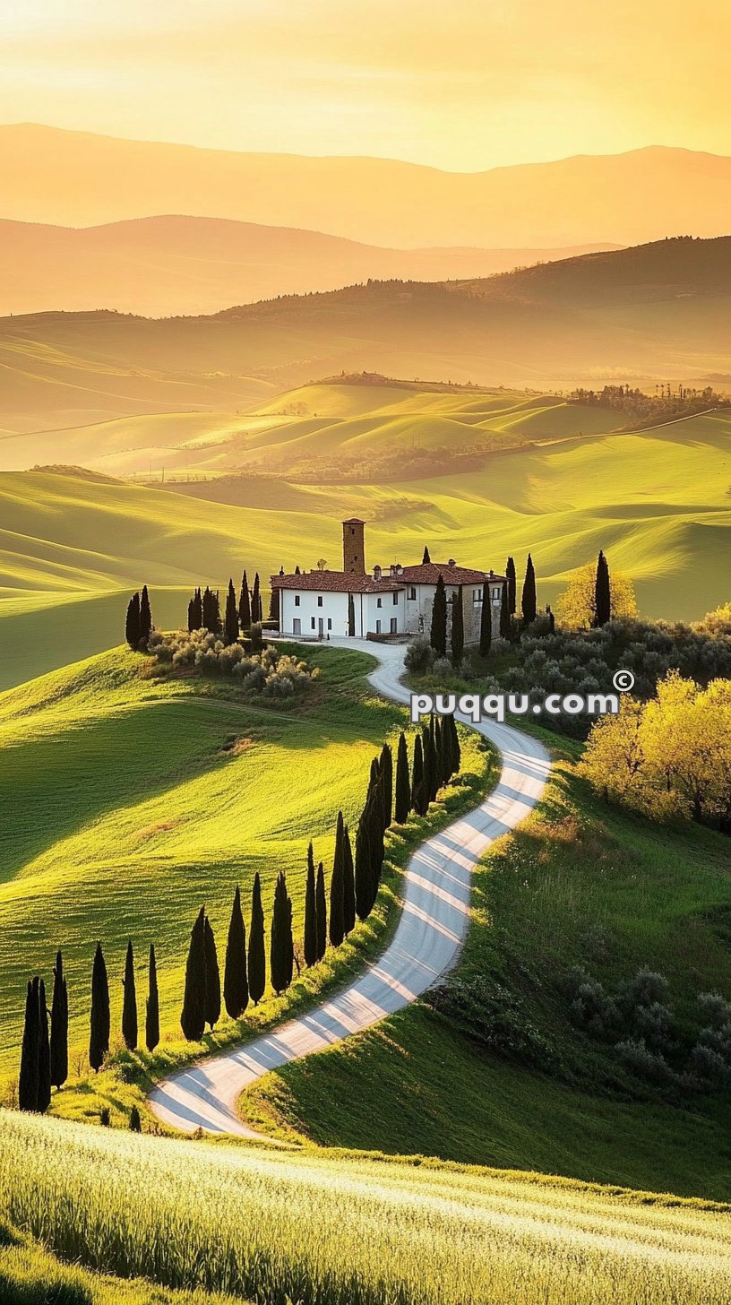 A winding road lined with cypress trees leads to a villa surrounded by rolling green hills, illuminated by a golden sunset.