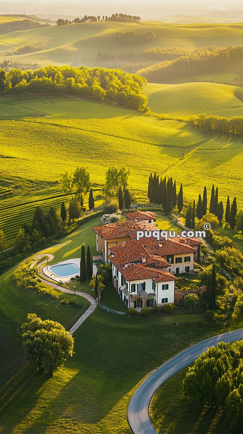 A large villa with red-tiled roofs is surrounded by lush greenery and gently rolling hills. A swimming pool and winding driveway can be seen in the yard, and the landscape is bathed in warm sunlight.