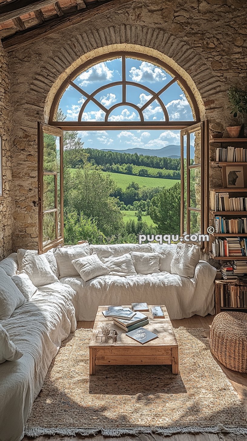 Cozy living room with a large arched window overlooking a lush green landscape, featuring a white sectional sofa, wooden coffee table with books, a woven ottoman, and a bookshelf on the right.