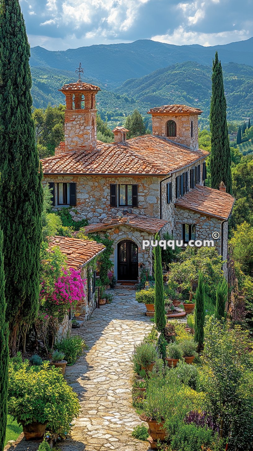 Stone house with terracotta roof tiles and a bell tower in a mountainous landscape, surrounded by lush greenery and a paved garden path lined with potted plants.