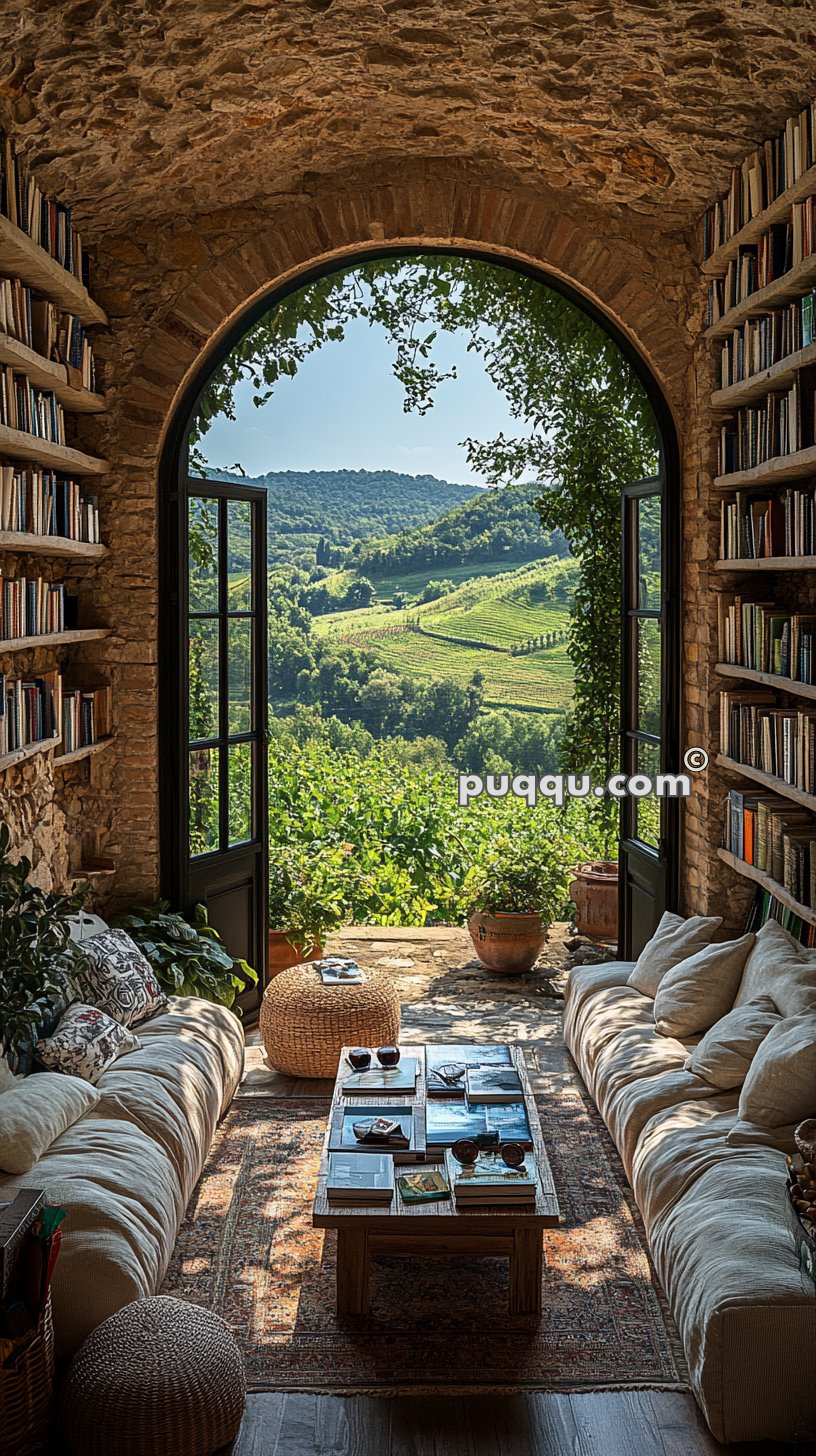 Cozy reading nook with built-in bookshelves, arched stone doorway, and panoramic view of lush green hills.