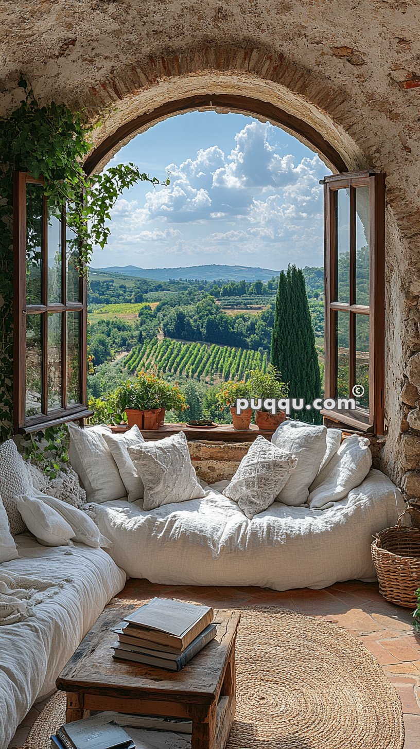 Cozy seating area with white cushions and pillows arranged in front of an open arched window overlooking a scenic vineyard and rolling hills.