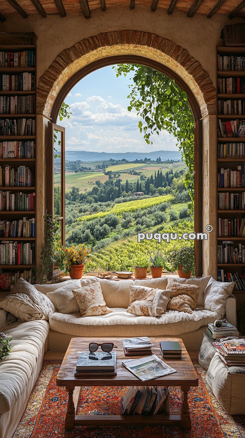 Cozy reading nook with a curved couch and bookshelves flanking an arched window, overlooking a scenic rural landscape.