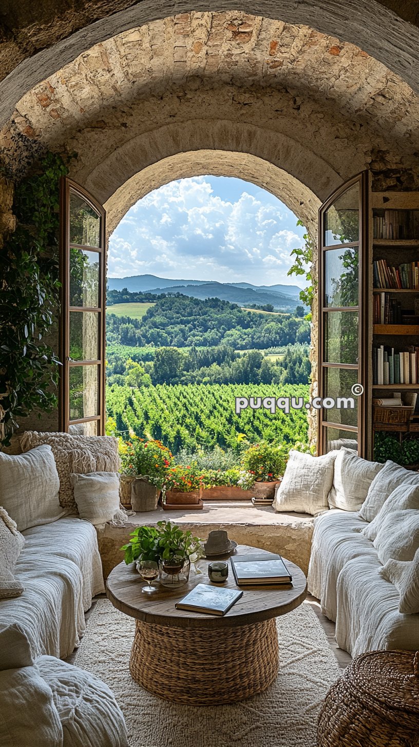 Cozy interior with a round wicker table and white couches, overlooking a scenic countryside through a large arched window.