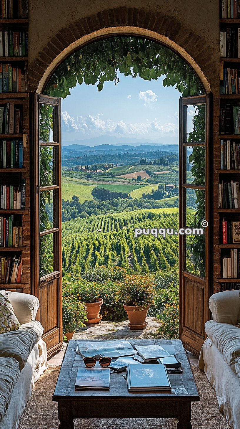 Open wooden doors leading to a vineyard view, framed by bookshelves and leafy vines. Indoor seating area with a wooden table, books, and sunglasses in the foreground.