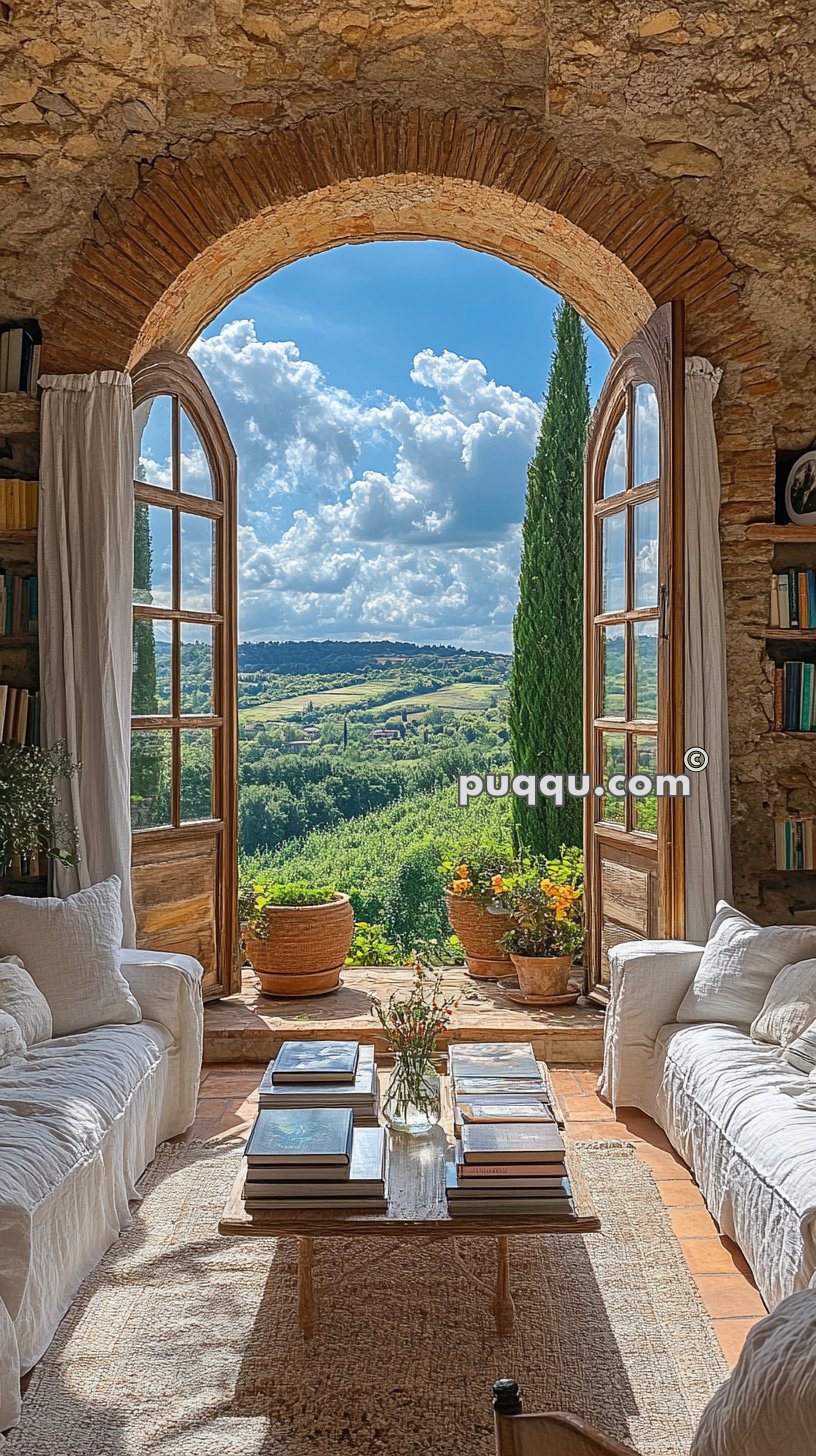 Cozy living room with white sofas, a wooden coffee table adorned with books and flowers, and an open arched doorway showcasing a scenic view of a lush countryside under a blue sky with fluffy clouds.