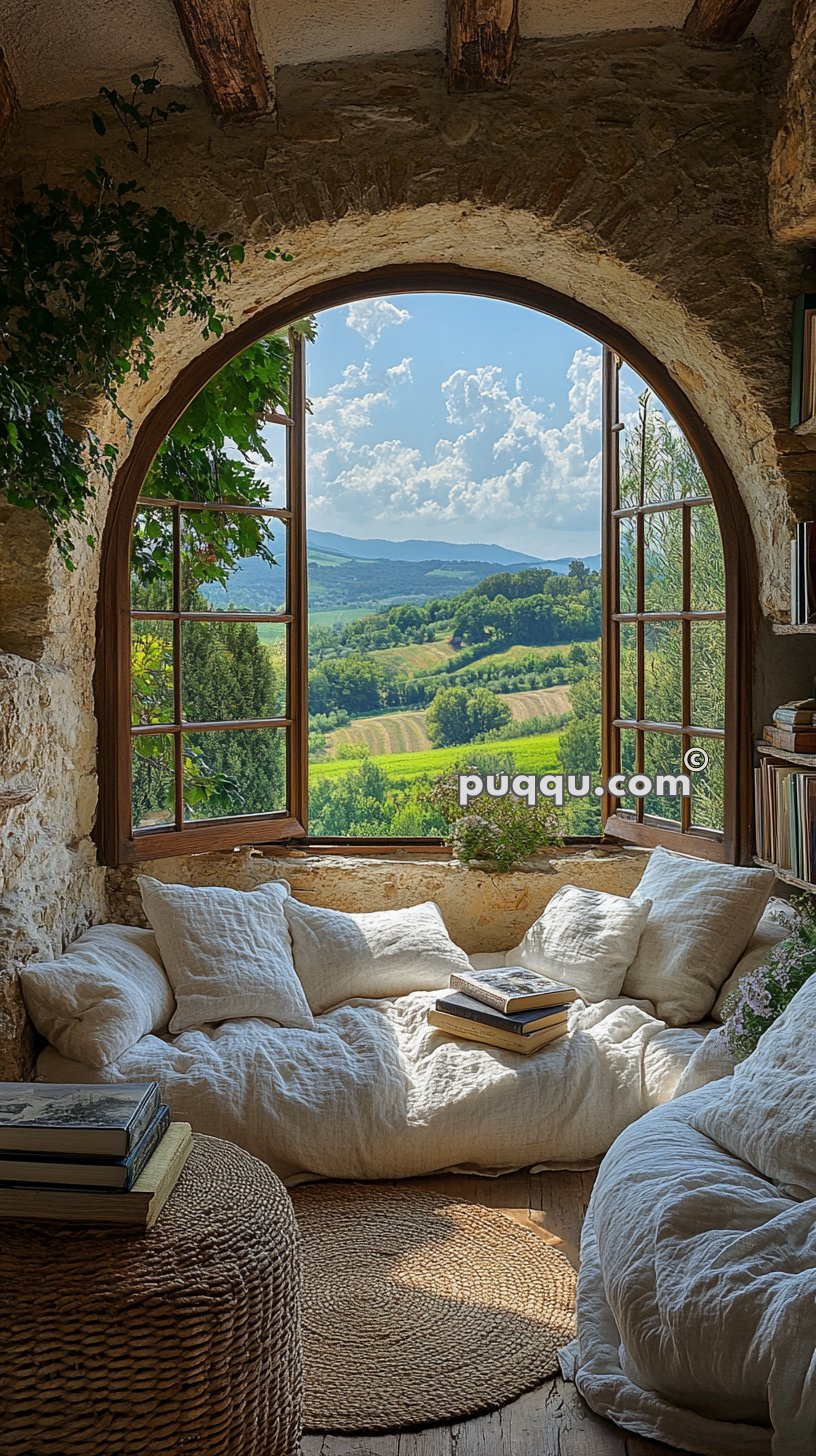 Cozy reading nook with a cushioned seat by a large arched window overlooking a scenic countryside with rolling hills and blue skies, surrounded by books and a woven ottoman.