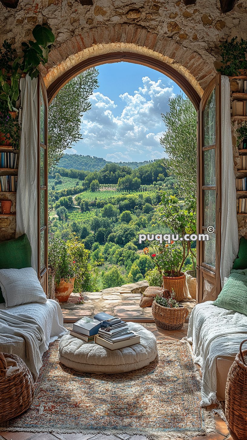 Cozy rustic room with an arched stone doorway, leading to a scenic view of lush green hills and a partly cloudy sky; wicker baskets, plants, books, and comfortable seating are scattered throughout the room.