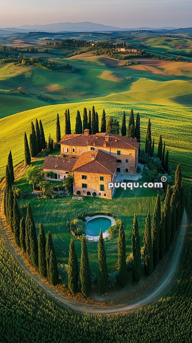 Aerial view of a rustic villa surrounded by cypress trees and green rolling hills in the Tuscan countryside.