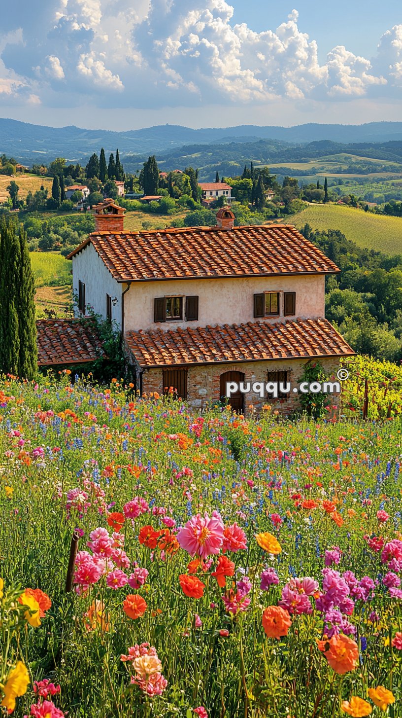 House with red tiled roof surrounded by a colorful flower field on a hillside, with rolling green hills and distant mountains in the background under a cloudy sky.