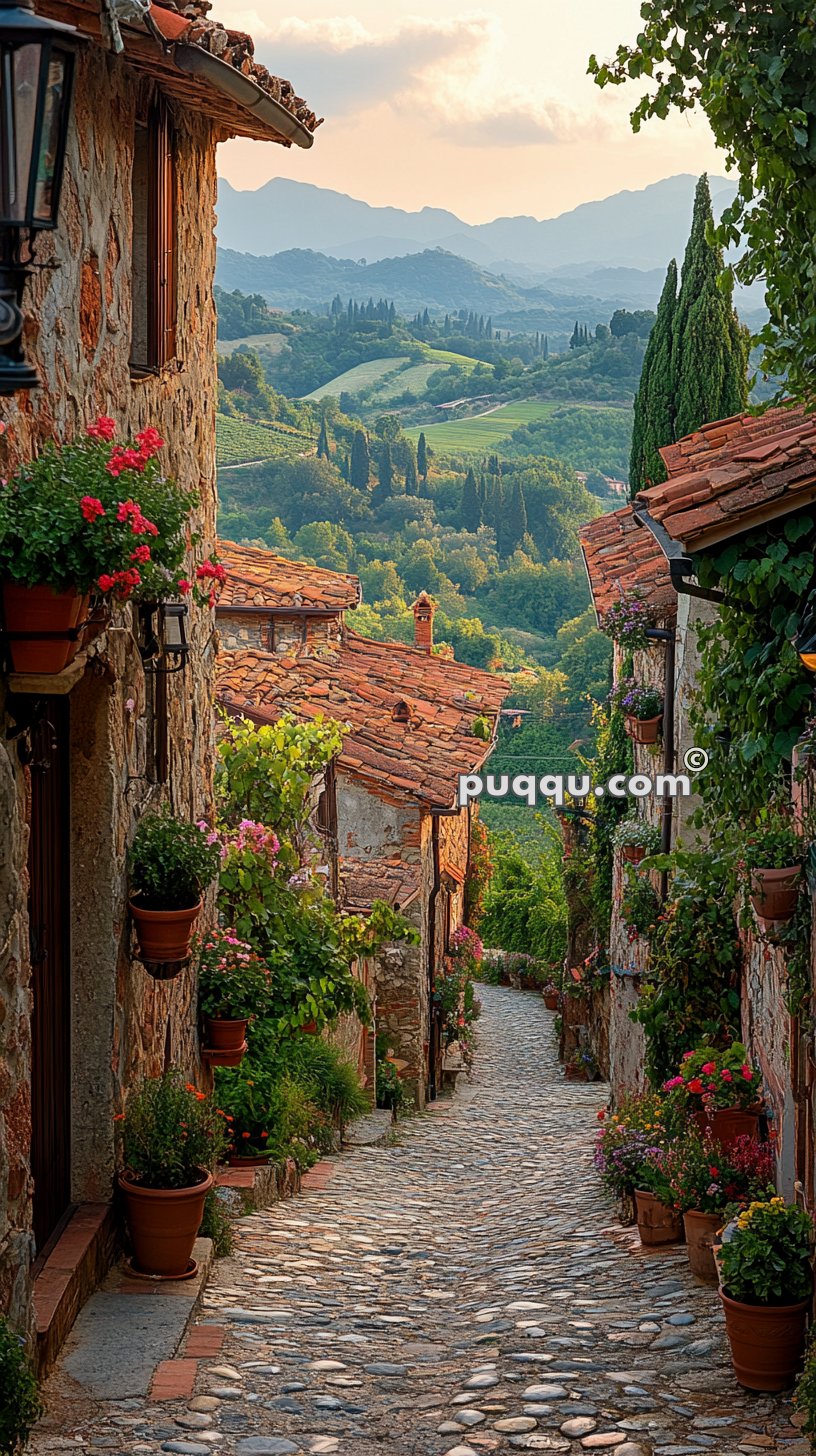 Cobblestone street in a picturesque village with stone houses adorned with flowers and mountainous landscape in the background.