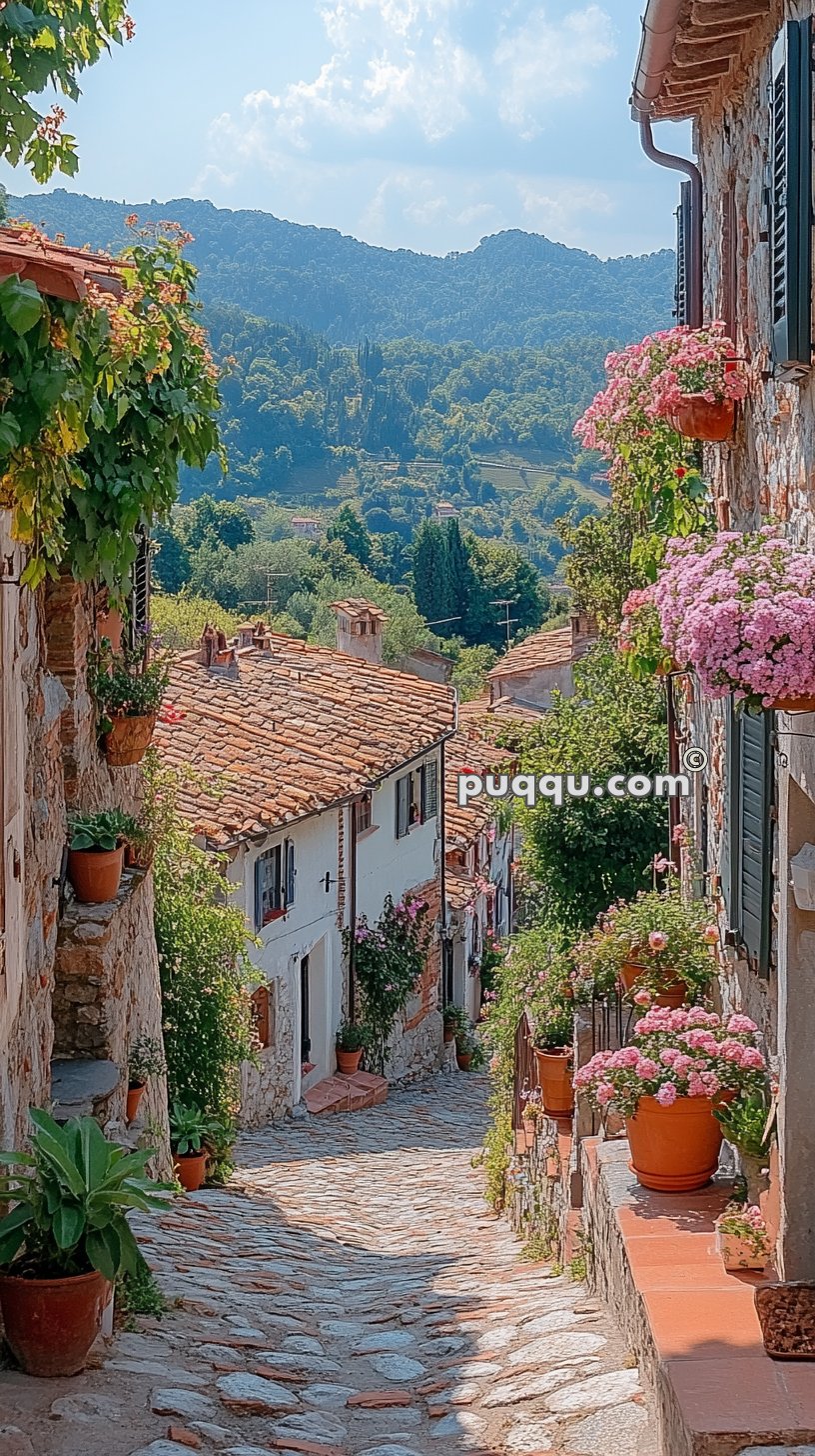 A picturesque cobblestone street in a quaint village, lined with stone houses adorned with vibrant potted flowers. In the background, lush green hills stretch under a partly cloudy sky.