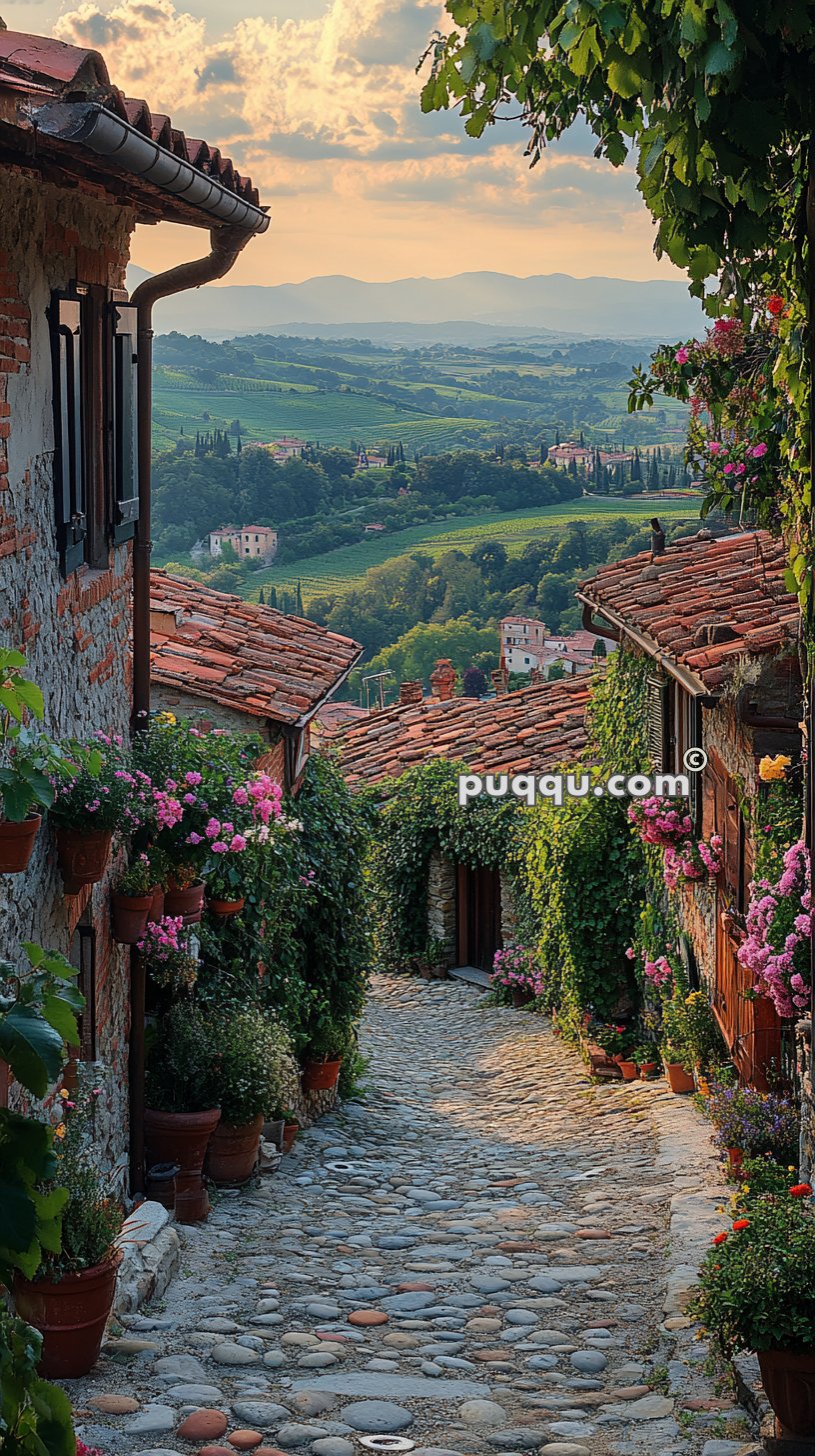 A narrow cobblestone street lined with flower pots and ivy-covered stone houses, leading to a scenic view of green hills and distant mountains under a partly cloudy sky.