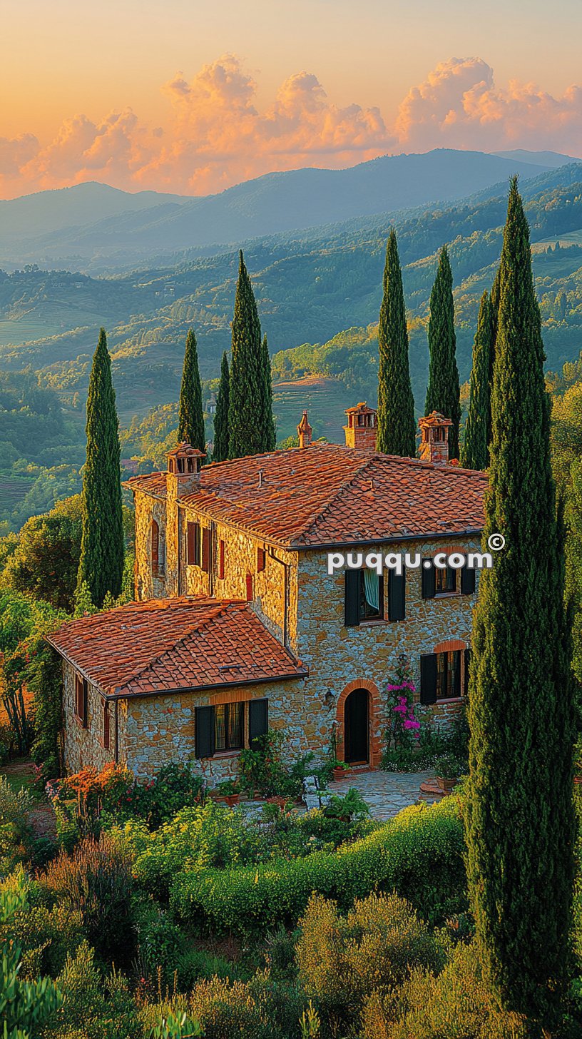 Stone house with a red-tiled roof surrounded by tall cypress trees and lush greenery, set against a backdrop of rolling hills and a sunset-lit sky.