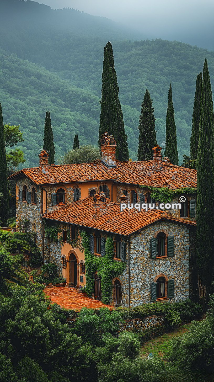 Stone Italian villa with red roof and tall cypress trees in a lush, mountainous landscape.