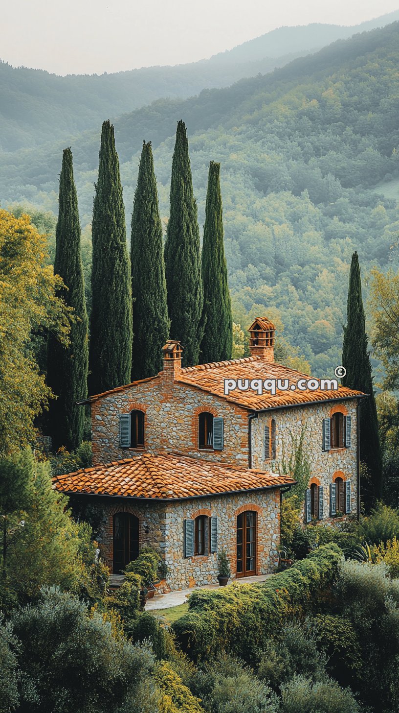 A rustic stone house with a red-tiled roof set amidst tall cypress trees and lush green hills.