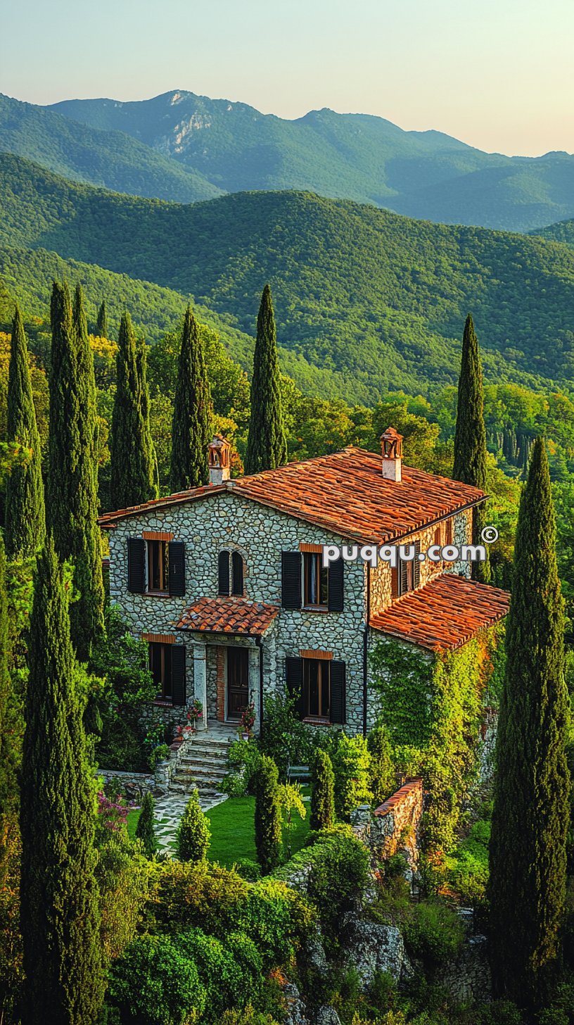 A stone house with a red tile roof surrounded by tall cypress trees, set against a backdrop of lush green hills.