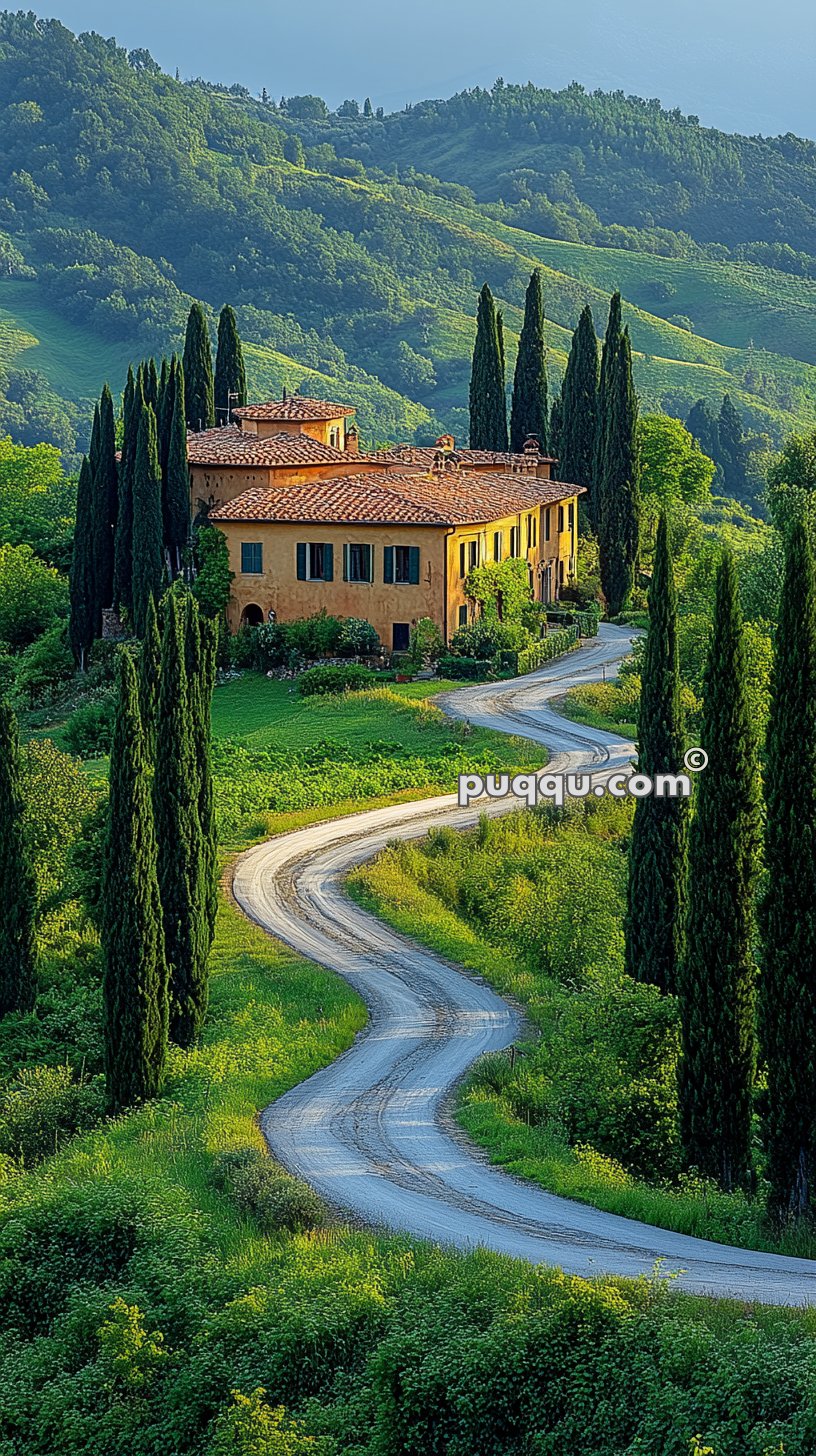 Winding road leading to a rustic Italian farmhouse surrounded by lush greenery and tall cypress trees.