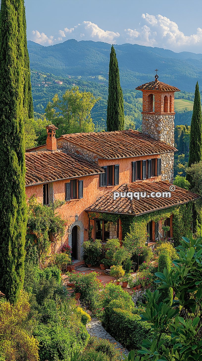 Tuscan-style villa surrounded by lush gardens and tall cypress trees with mountains and a blue sky in the background.