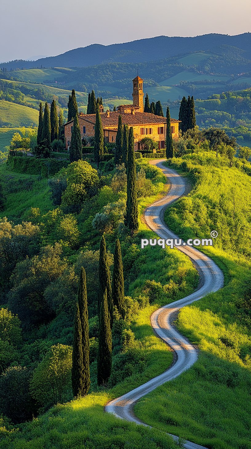 A winding dirt road leads to a rustic villa surrounded by cypress trees on a lush green hillside with mountainous landscapes in the background.