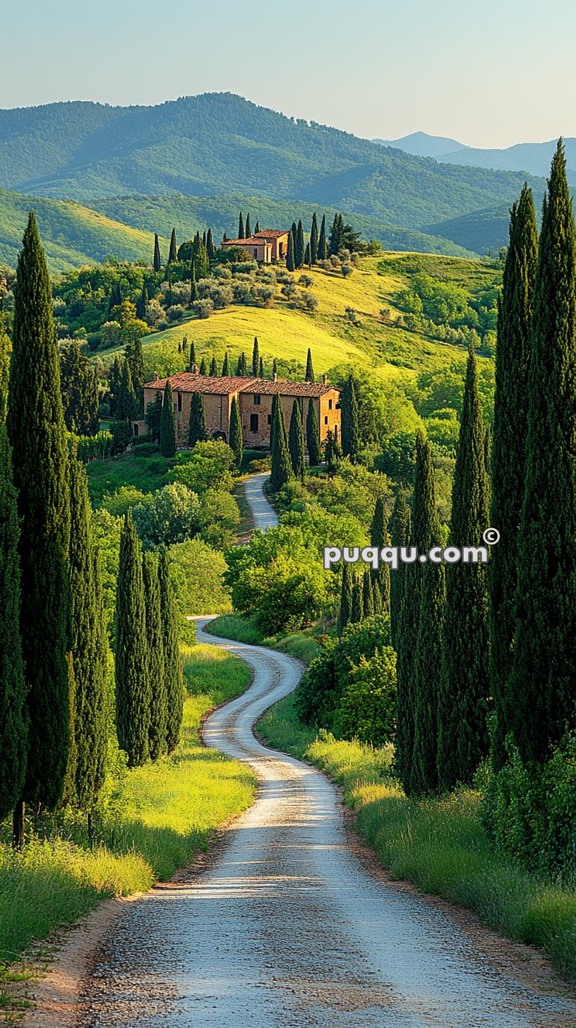 A winding gravel road flanked by tall cypress trees leading to rustic buildings, set against a backdrop of rolling green hills and distant mountains.