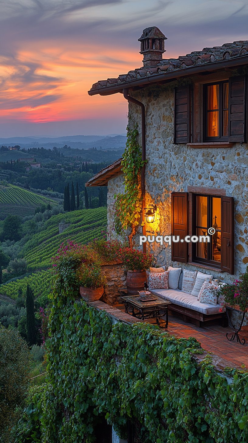 Stone house with ivy-covered walls overlooking a vineyard at sunset, cozy outdoor seating area with cushions and potted plants.