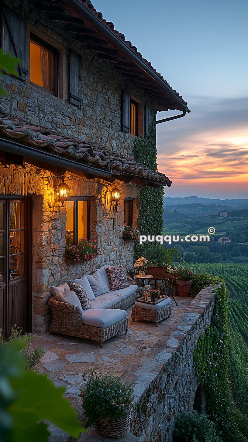 Patio of a stone house with wicker furniture and soft lighting at dusk, overlooking a scenic landscape with rolling hills.