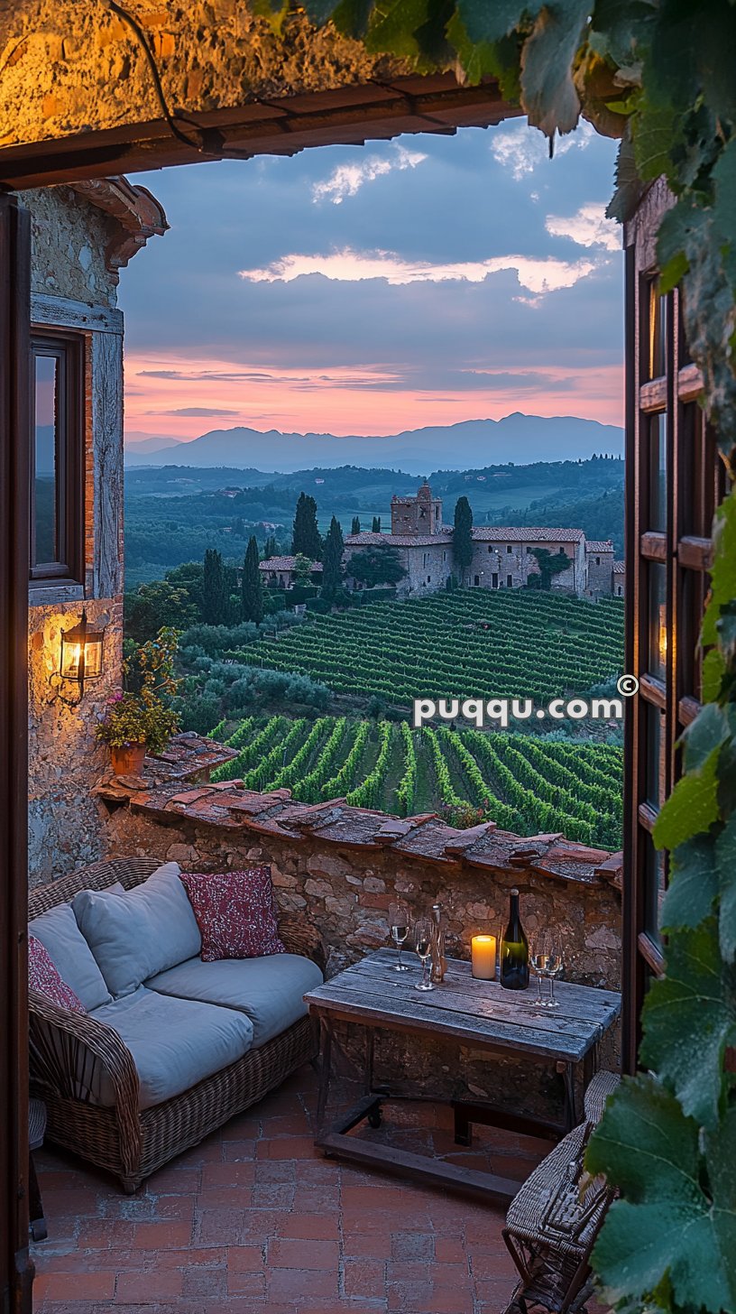 A cozy terrace with a wicker sofa and a wooden table set with wine glasses, a bottle, and a candle overlooks a picturesque vineyard and a medieval building at sunset.