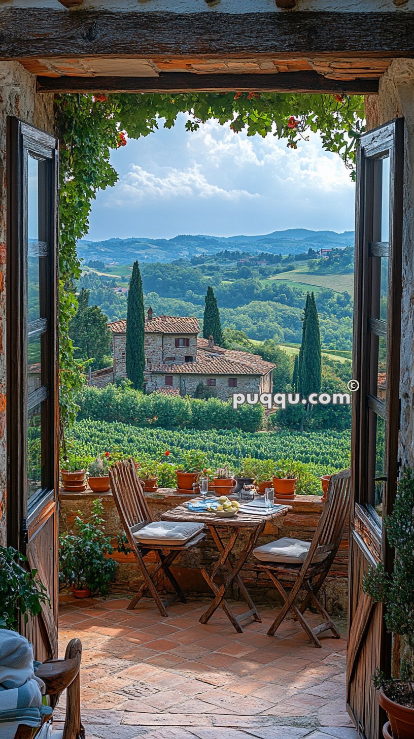 View from an open wooden doorway showcasing an outdoor dining area with a table and chairs, overlooking a scenic landscape with terracotta rooftops, cypress trees, and rolling hills in the background.