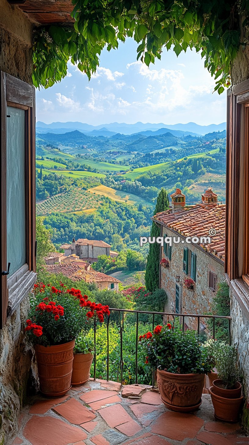 View of a lush, vibrant valley with rolling hills from an open rustic window, framed by greenery and flowering plants in terracotta pots on a patio.