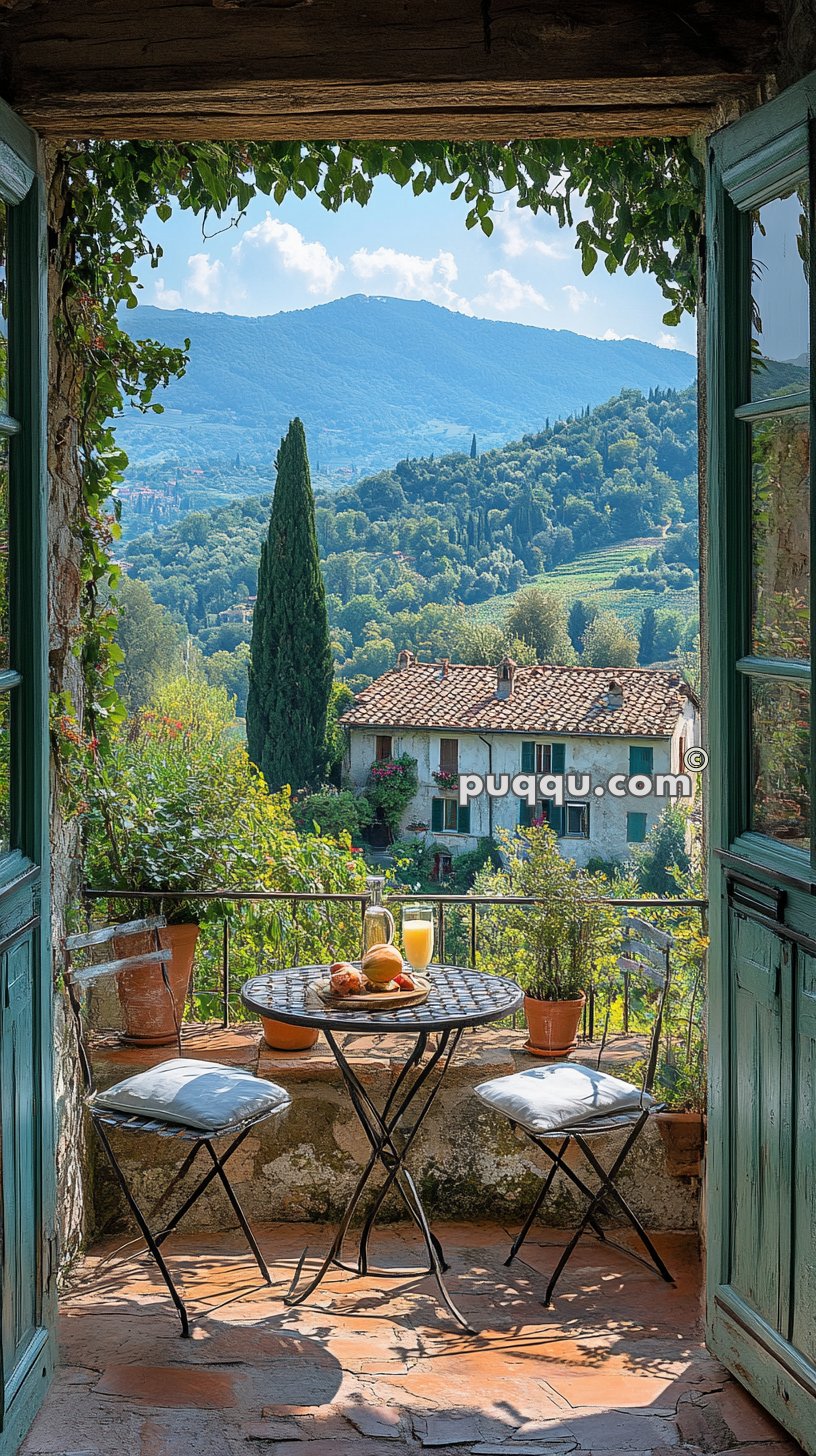 Scenic view of a small table with chairs on a terrace overlooking a lush green landscape and a rustic house with mountains in the background.