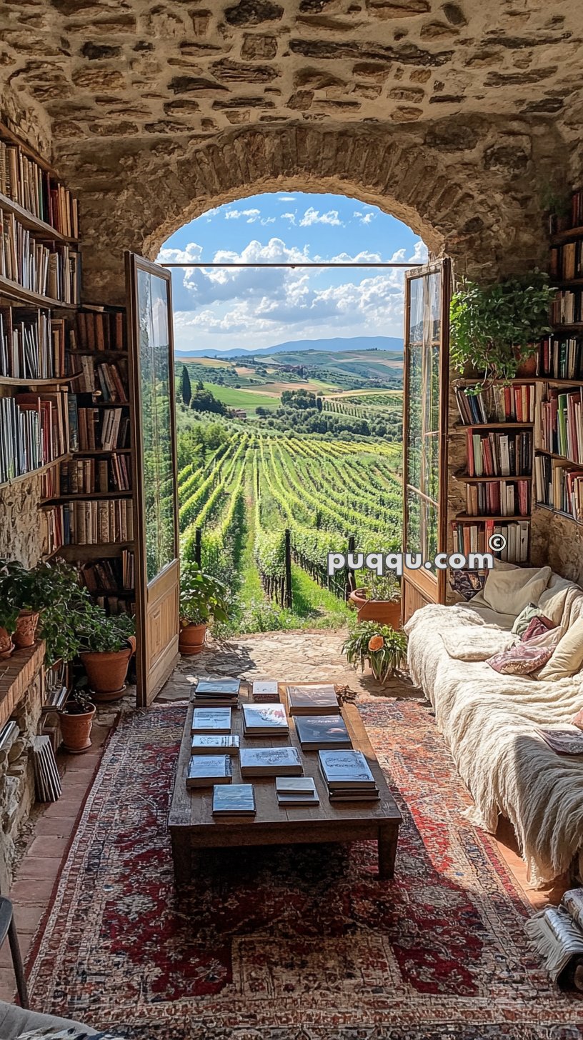 A cozy stone-walled reading room with wooden bookshelves and a rug, featuring a large open doorway revealing a picturesque vineyard landscape under a blue sky.